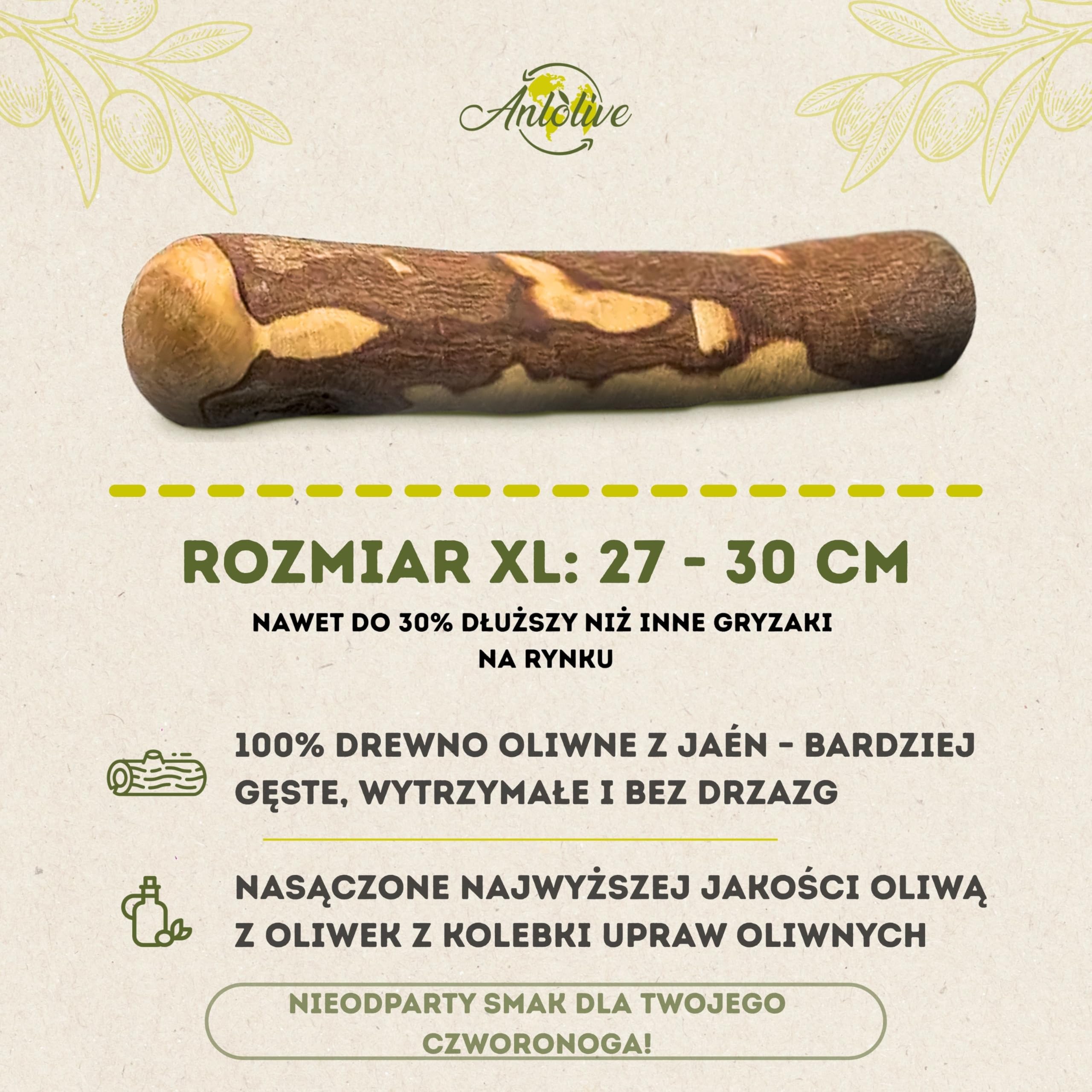 Naturalny gryzak rozmiar XL 27–30 cm | Dla dużych psów | Patyk z drewna oliwnego | Zdrowa, bezpieczna i trwała zabawka | Łagodzi lęk, dba o zęby i redukuje stres