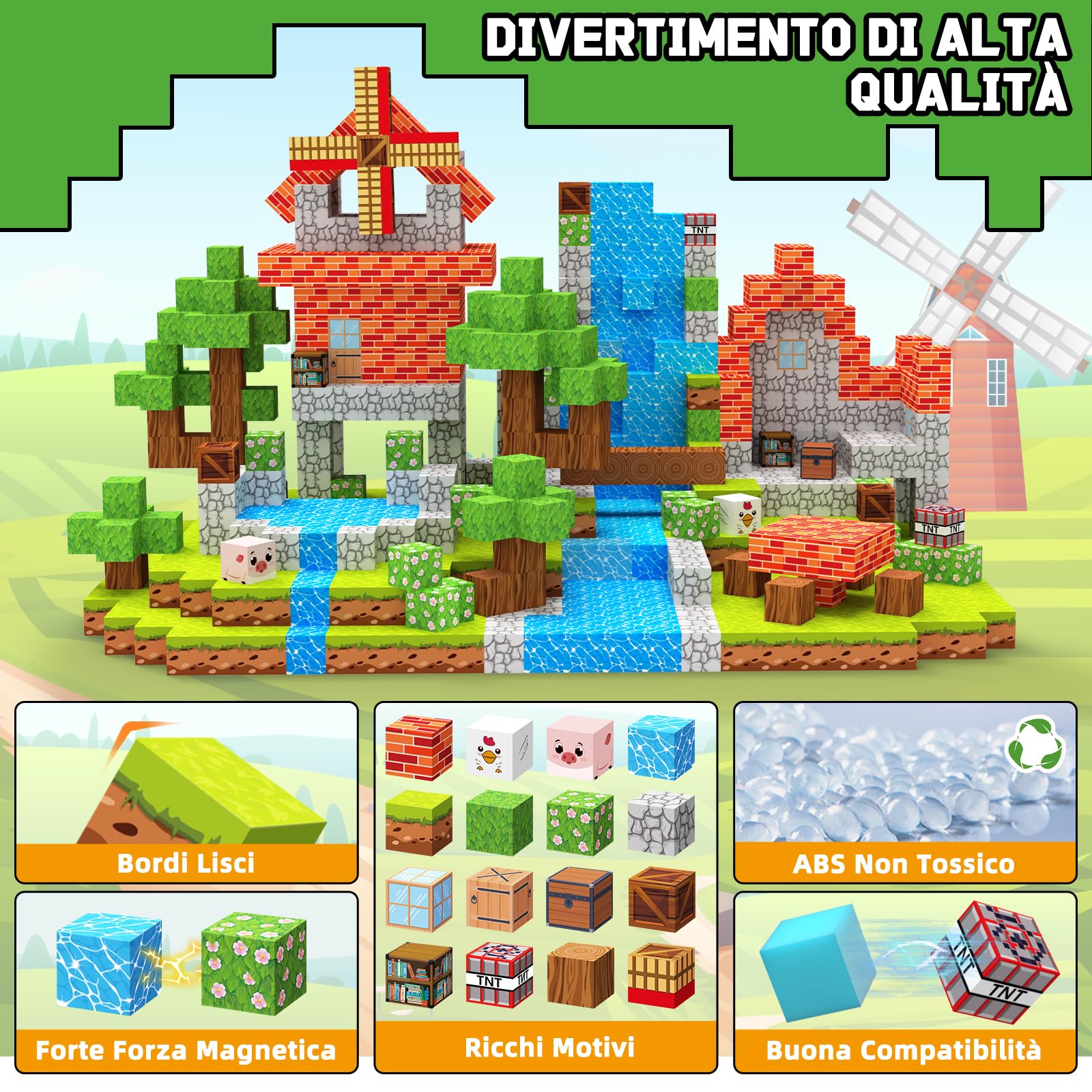 Charmofun Costruzioni Magnetiche per Bambini 150 Pezzi 2CM, Cubi Magnetici per Bambini con Fattoria e Mulino a Vento, Blocchi Magnetici Building Blocks Regali per Ragazzi e Ragazze dai 3 ai 9 Anni