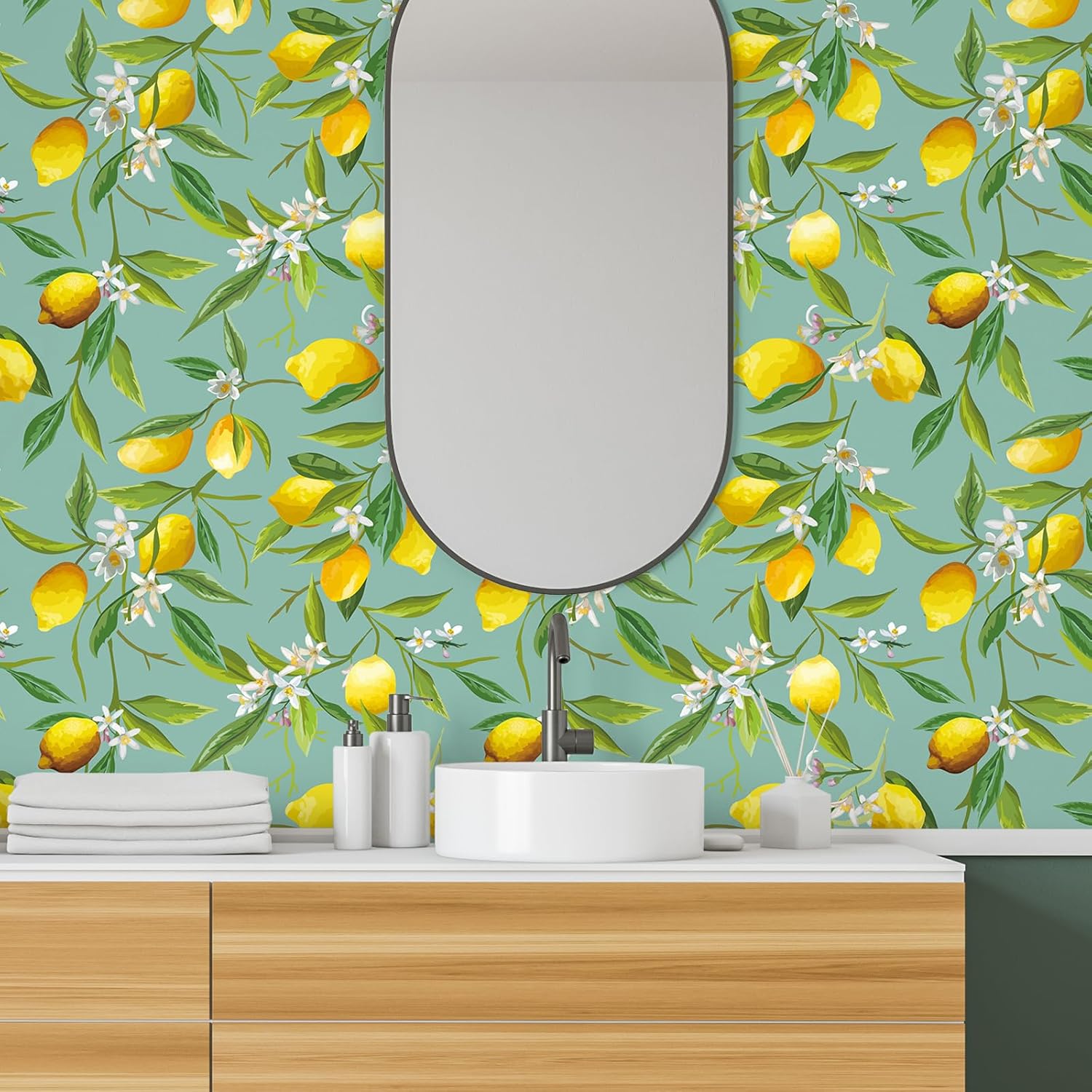 VEELIKE Green Lemon Peel and Stick Wallpaper Lemon Branches Floral Wallpaper Green Contact Paper for Walls Cabinets Removable 17.7''x354'' Self Adhesive Lemon Vinyl Wall Paper for Kitchen Home Decor