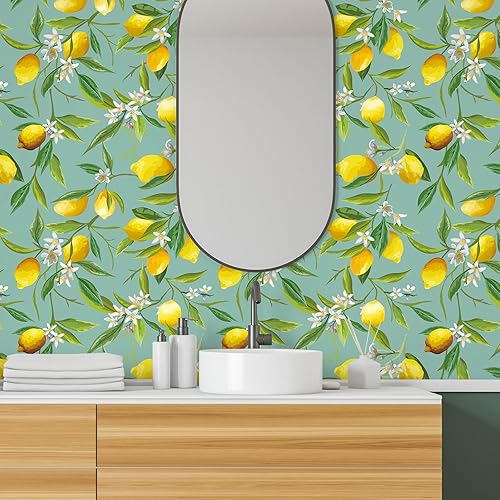 Miniatura 4 de VEELIKE Papel tapiz de limón verde para despegar y pegar, papel tapiz floral de ramas de limón, papel de contacto verde para paredes, gabinetes,