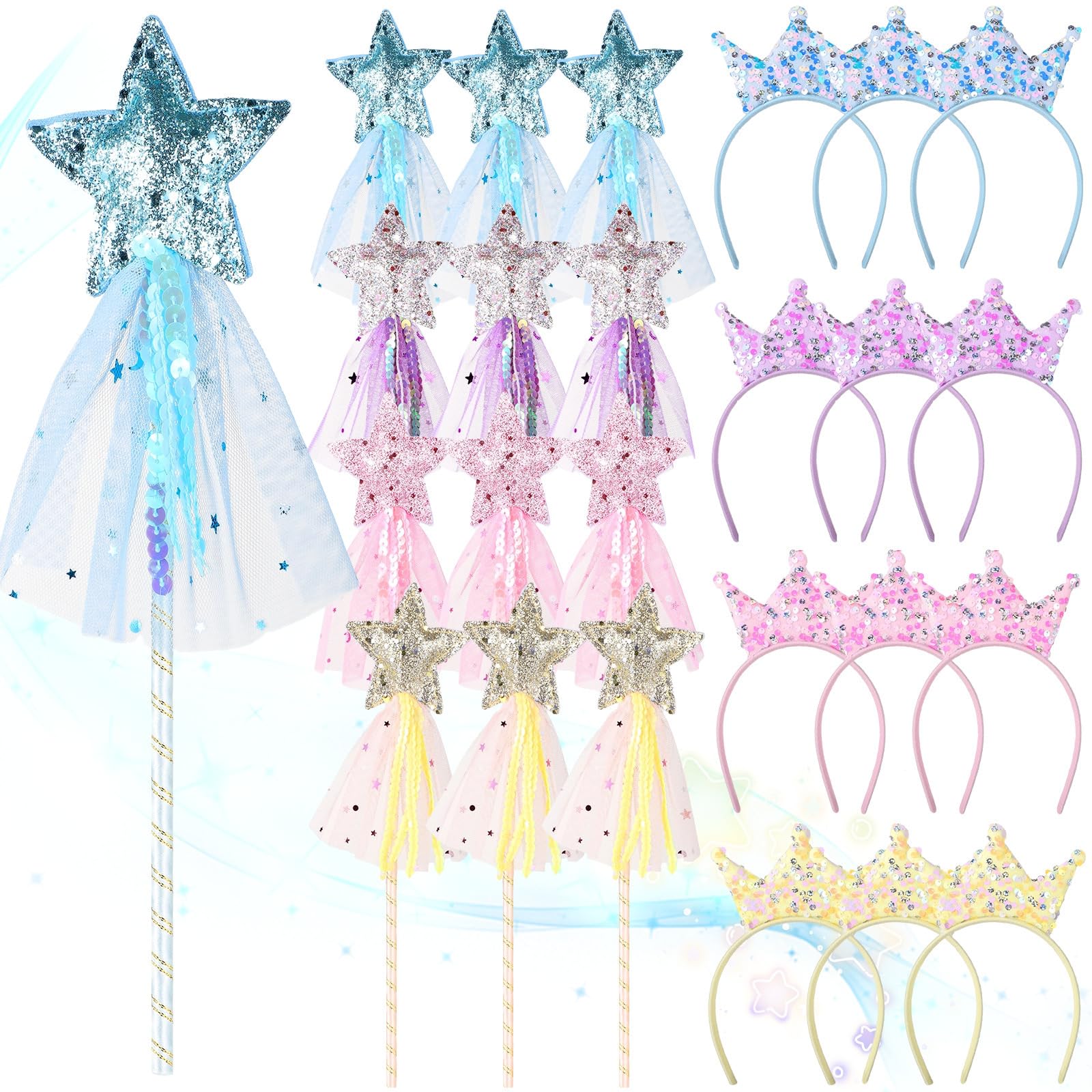 Set di 24 bacchette da principessa e fascia con stelle glitterate e corone con paillettes, accessori colorati per travestimento per compleanni, Natale, cosplay e molto altro ancora
