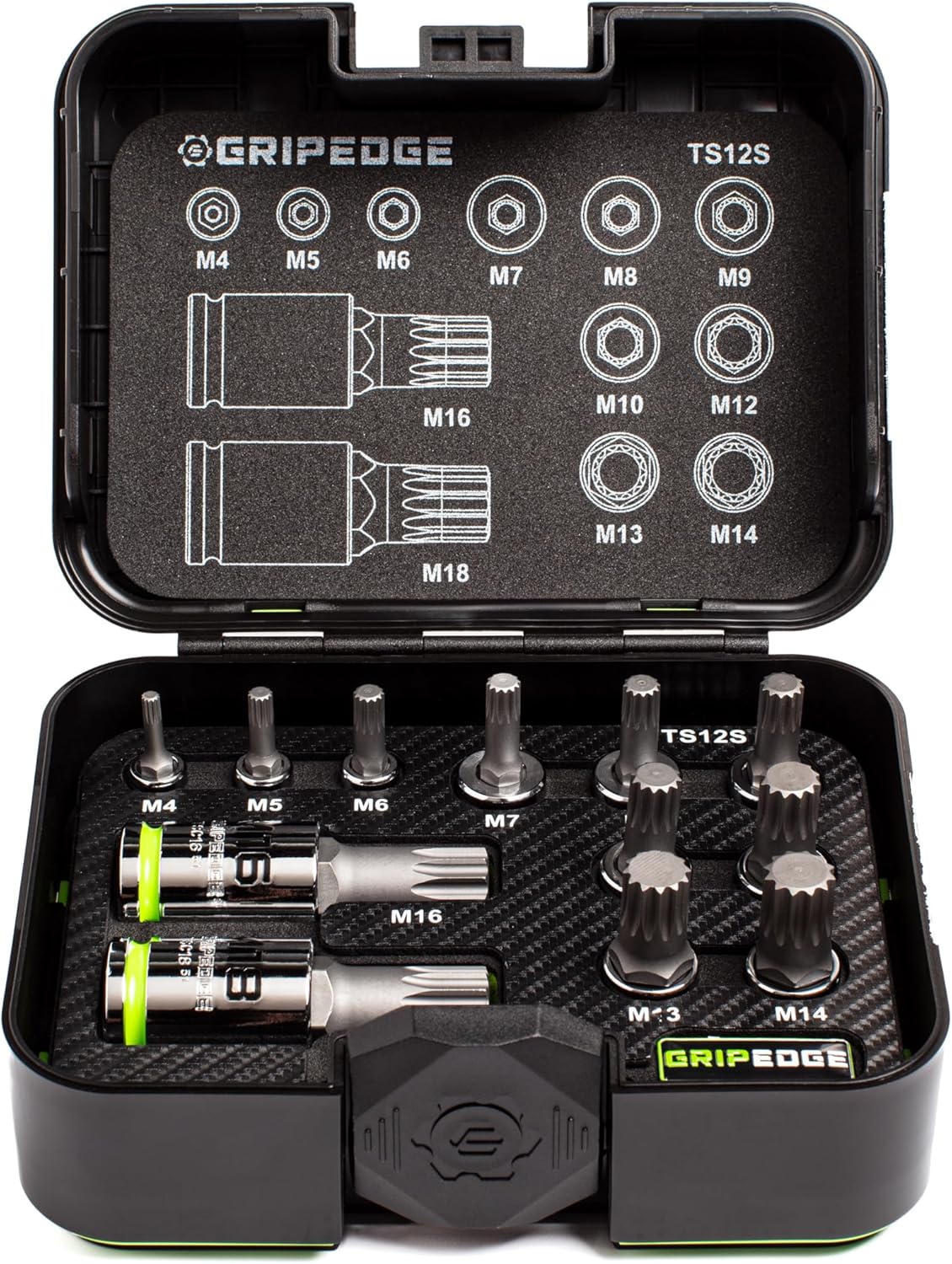 GripEdge | 12-PC RPT 1/4, 3/8 & 1/2" Drive Standard Triple Square Bit Socket Set | Includes sizes - M4-M18 | Includes Premium Plastic Case With Foam Insert |