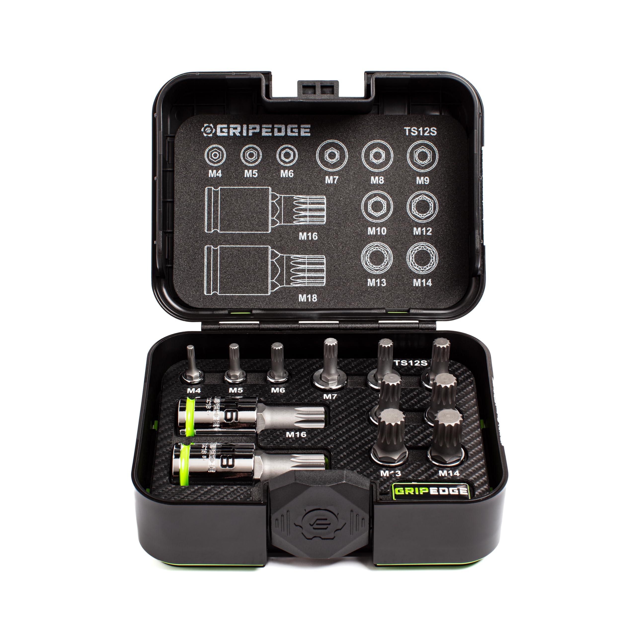 GripEdge | 12-PC RPT 1/4, 3/8 & 1/2" Drive Standard Triple Square Bit Socket Set | Includes sizes - M4-M18 | Includes Premium Plastic Case With Foam