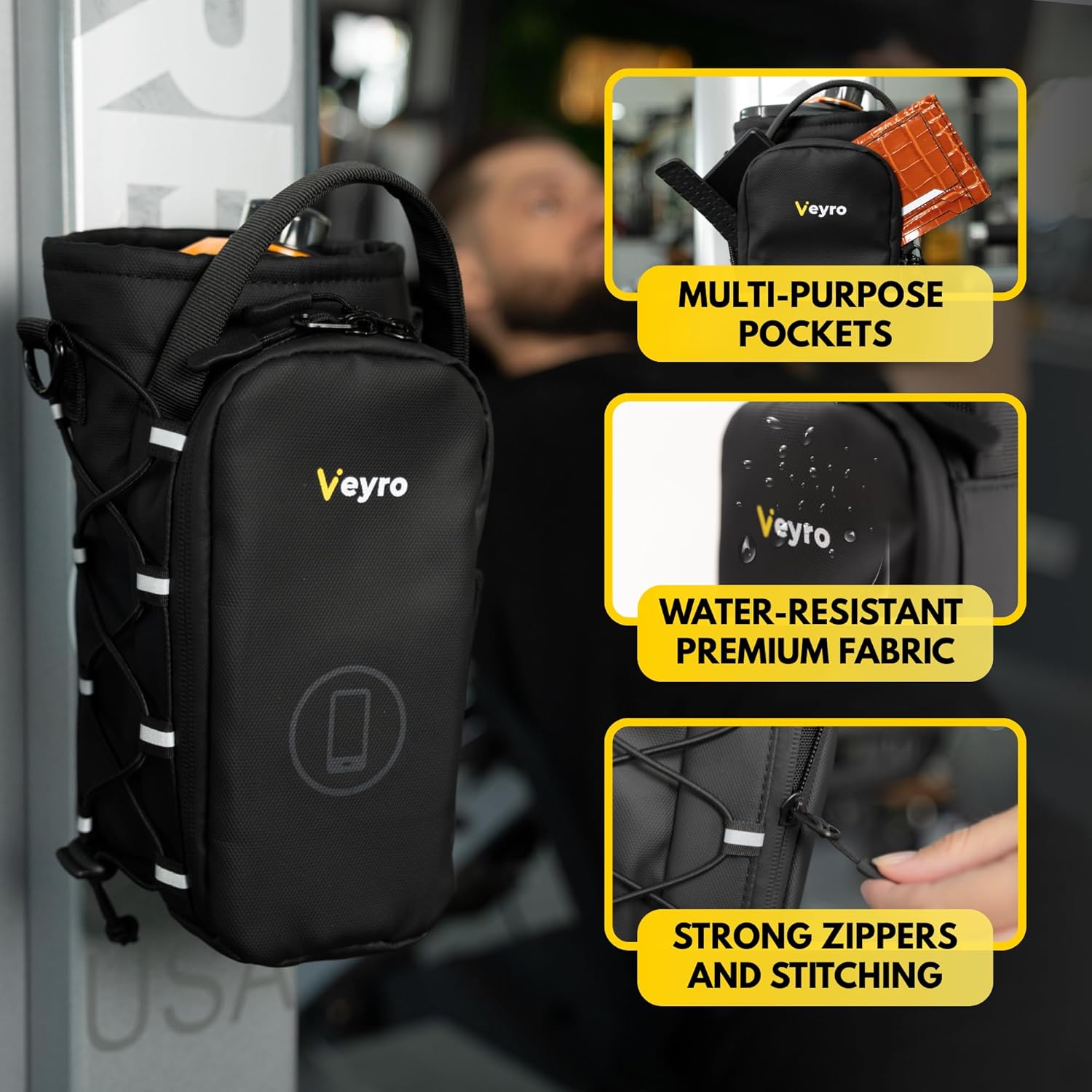 Veyro Magnetic Gym Bag with strong Magnetic Phone Holder - Gym water bottle bag holder for men and women - Compact Gym Crossbody Pouch - Compact Crossbody Pouch (Black) - Image 4