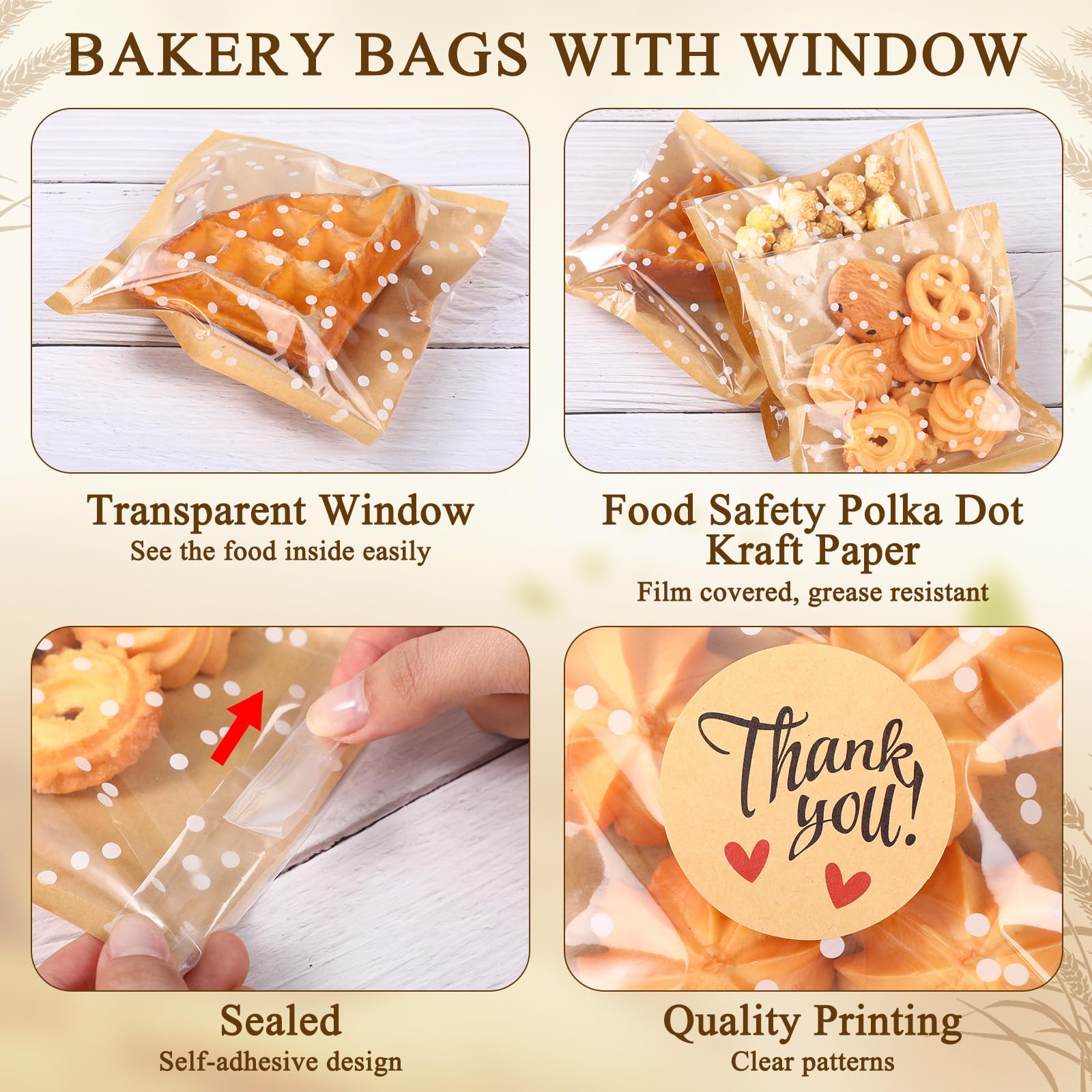 Fuyoooo 50 bolsas autoadhesivas para galletas, bolsas de celofán, bolsas de panadería de lunares blancos de 5.6 x 5.6 pulgadas, pequeñas bolsas de plástico marrón con calcomanías de agradecimiento