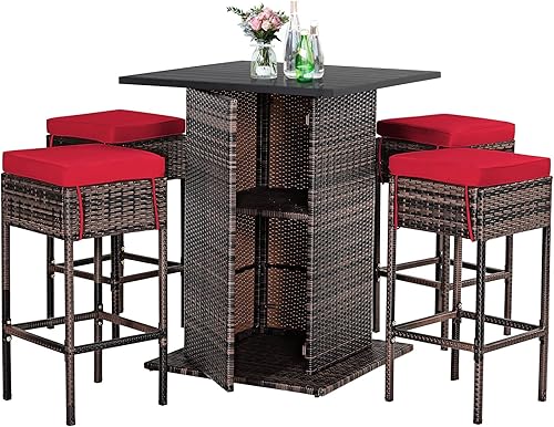 Miniatura 12 de Tangkula - Juego de barra para patio, 3 piezas de mimbre para exteriores, con 2 taburetes con cojines y mesa con cubierta de cristal, color gris