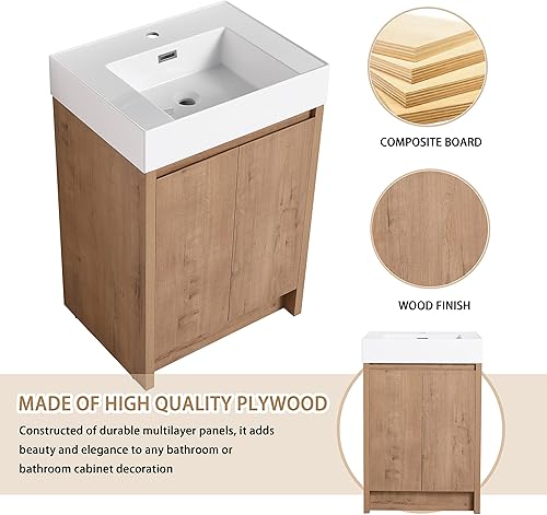 Miniatura 6 de Tocador de baño de 24 pulgadas con fregadero, tocador de baño independiente de 24 pulgadas, combo de tocador de baño de un solo lavabo, tocador de