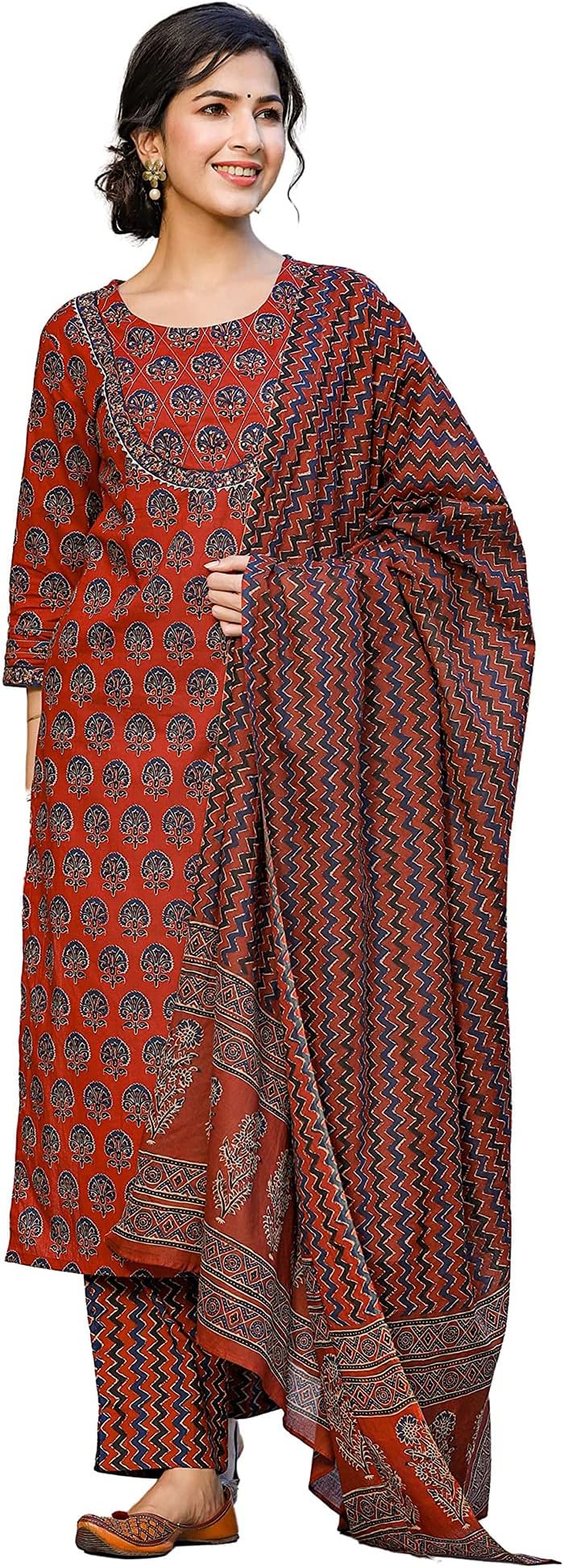 VaamsiWomen's Rayon Cotton Blend Floral Block Printed Straight Kurta Pant With Dupatta (VKSKD1237_Coral Red)