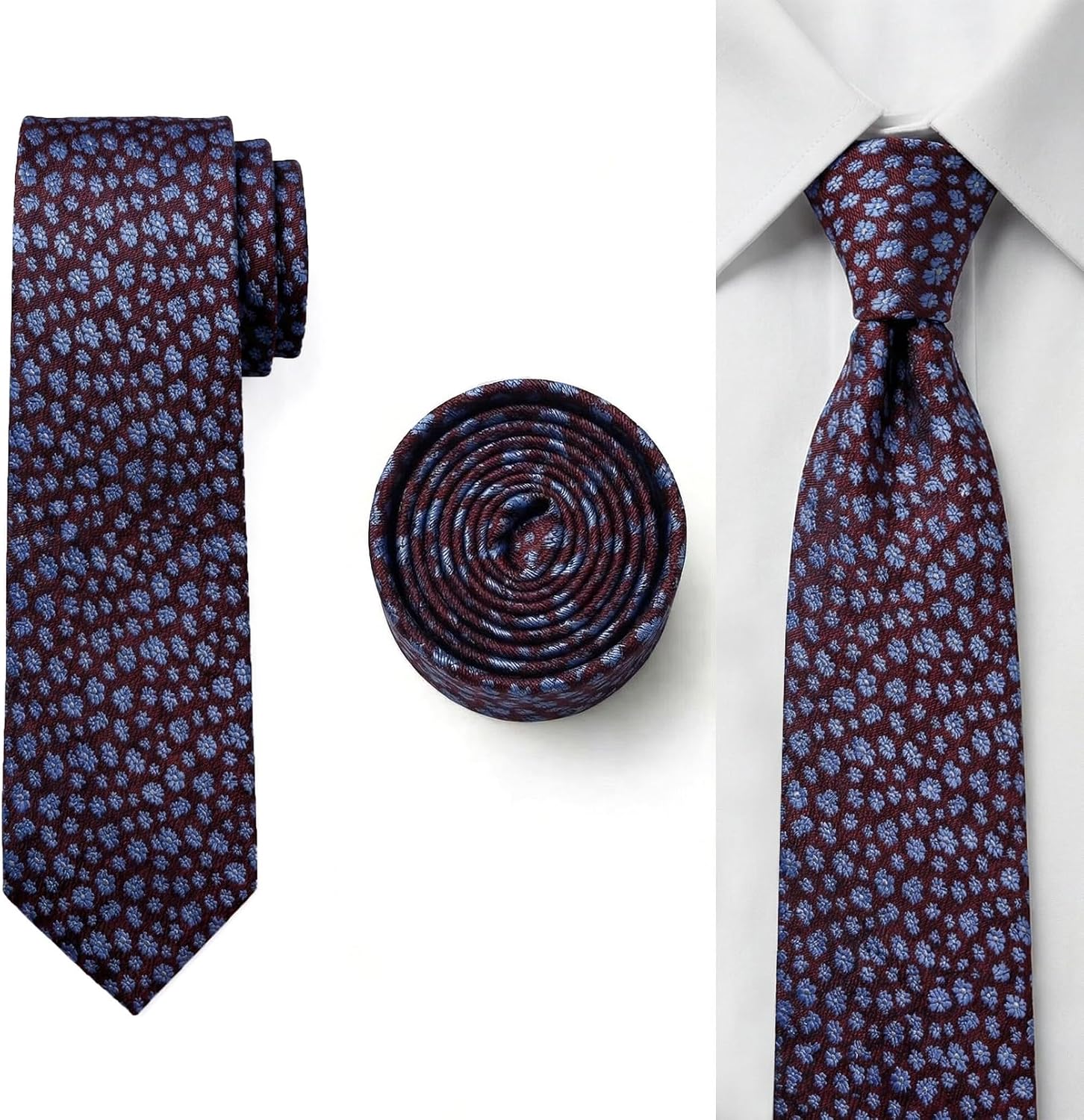 S&W SHLAX&WING Tie Hanky Set Burgundy Blue Floral Necktie with Pocket Square Set Wedding Groomsmen Gift Party