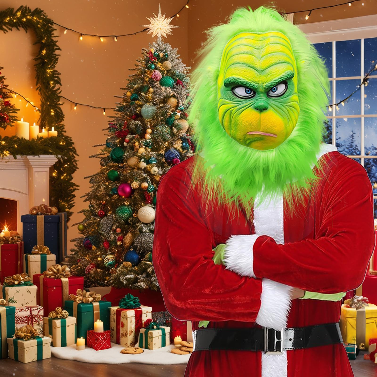 Vleuexe Disfraz de Grinch con piel peluda verde Máscara de Navidad para Adultos,Grinch Mask Disfraz de Papá Noel Verde,Accesorios de Disfraces de Navidad,Adecuado para Personajes Navideños y cosplay