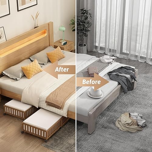 Miniatura 5 de Contenedores de almacenamiento de bambú debajo de la cama con ruedas, paquete de 2 cubos grandes para guardar zapatos debajo de la cama, organizador