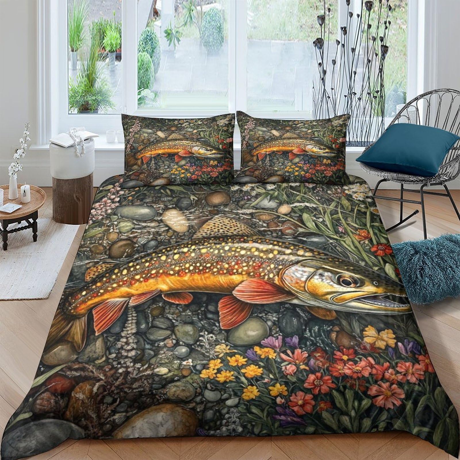 Ctjqhvkz Style-4 3D Printed Trout Stream Fitted Sheet Microfiber Soft Riverbed Fish Bed Cover For Bedroom Guest Room Decor Single（135X200cm）