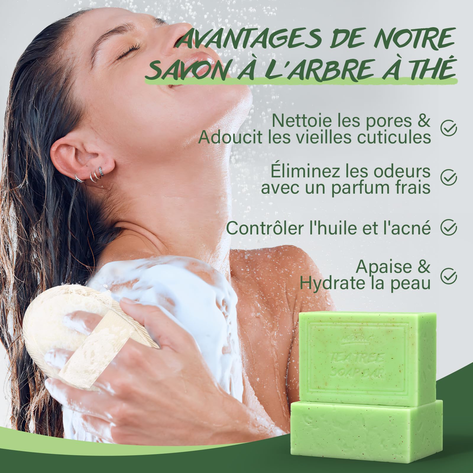 Savon à L'Huile D'Arbre à Thé, Savon de Bain Bio Pour les Mycoses CutanéEs, L'Acné et les Peaux Grasses, ÉLimine la Transpiration, les Odeurs et les DéMangeaisons, Cadeau de FêTe des MèRes, 2x150g