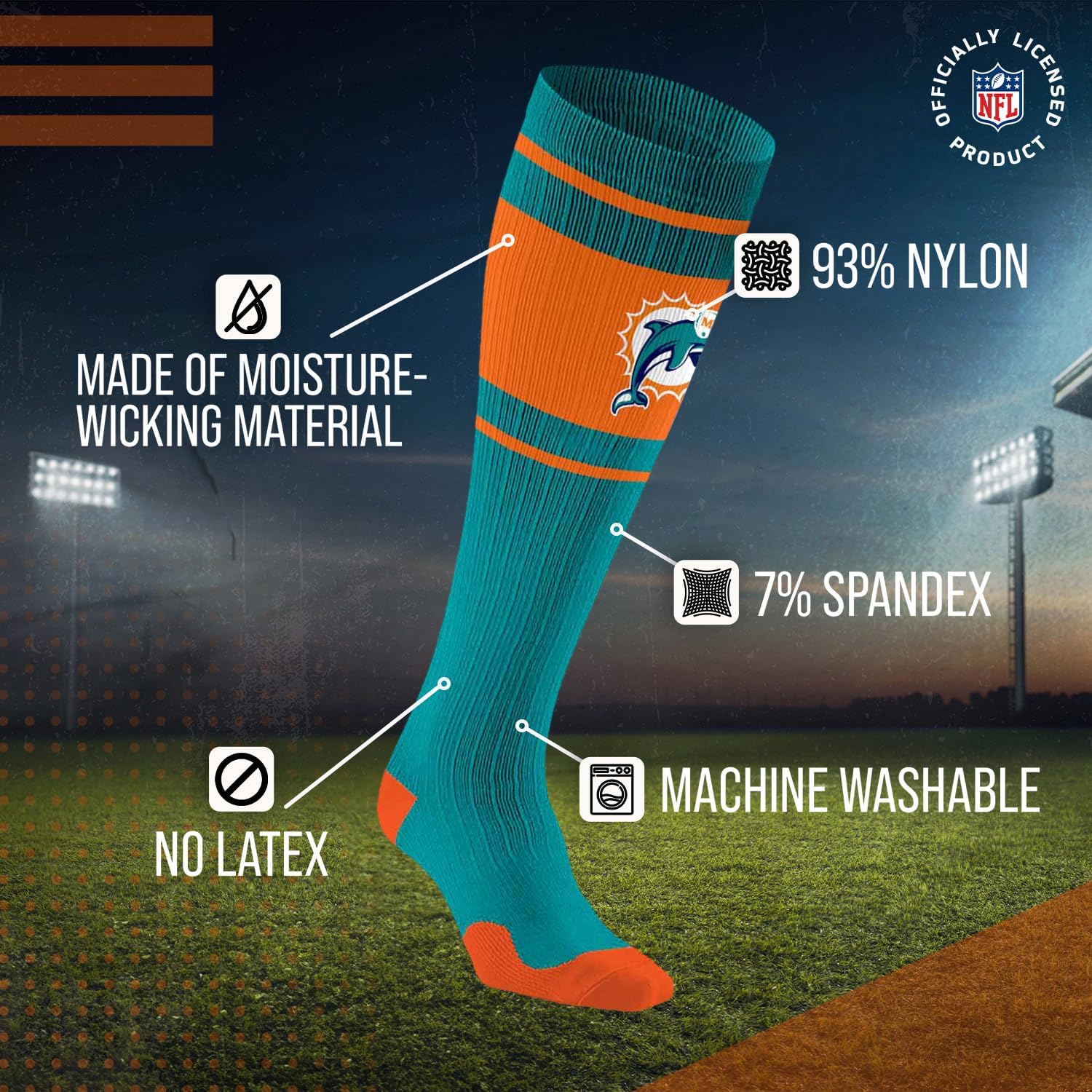 For Bare Feet NFL Classic MIAMI DOLPHINS Marathon Compression Sock Team Color Small/Medium - Image 3