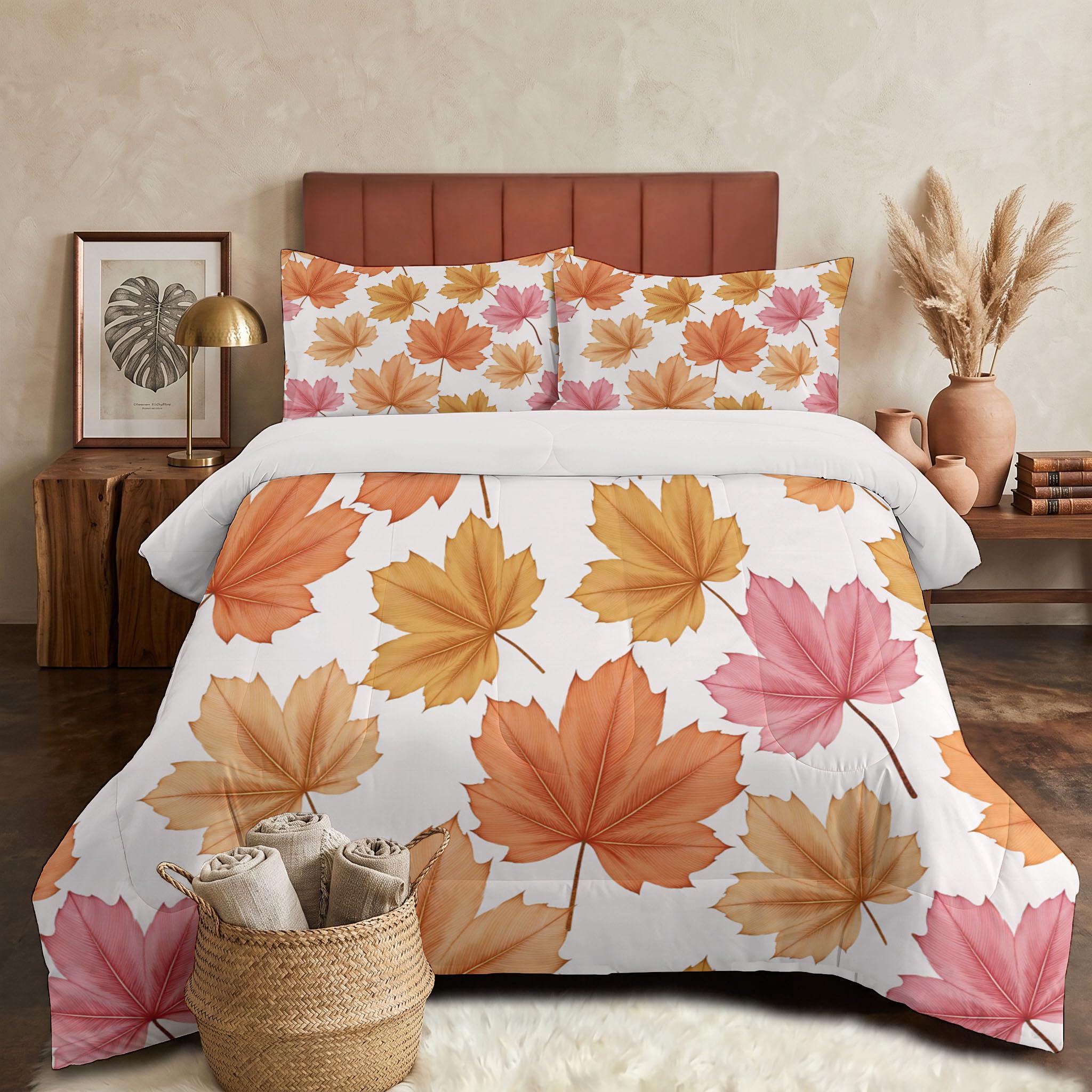 Piumino senza Fodera Matrimoniale Singolo Piante Ad Acquerello | Piumino Reversibile Foglie D'Acero Autunnali, Coperta 4 Stagioni, Trapuntino Letto per Camera da Letto (140x200cm )