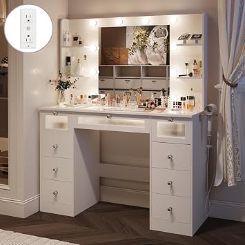 DIYSET 9 Drawers Makeup Vanity Desk with Lights, White Vanity with 23.5 Hollywood Mirror and Glass Top, Make Up Vanity with Charging Station & Crystal Knobs & 4 Shelves for Girls Woman Bedroom
