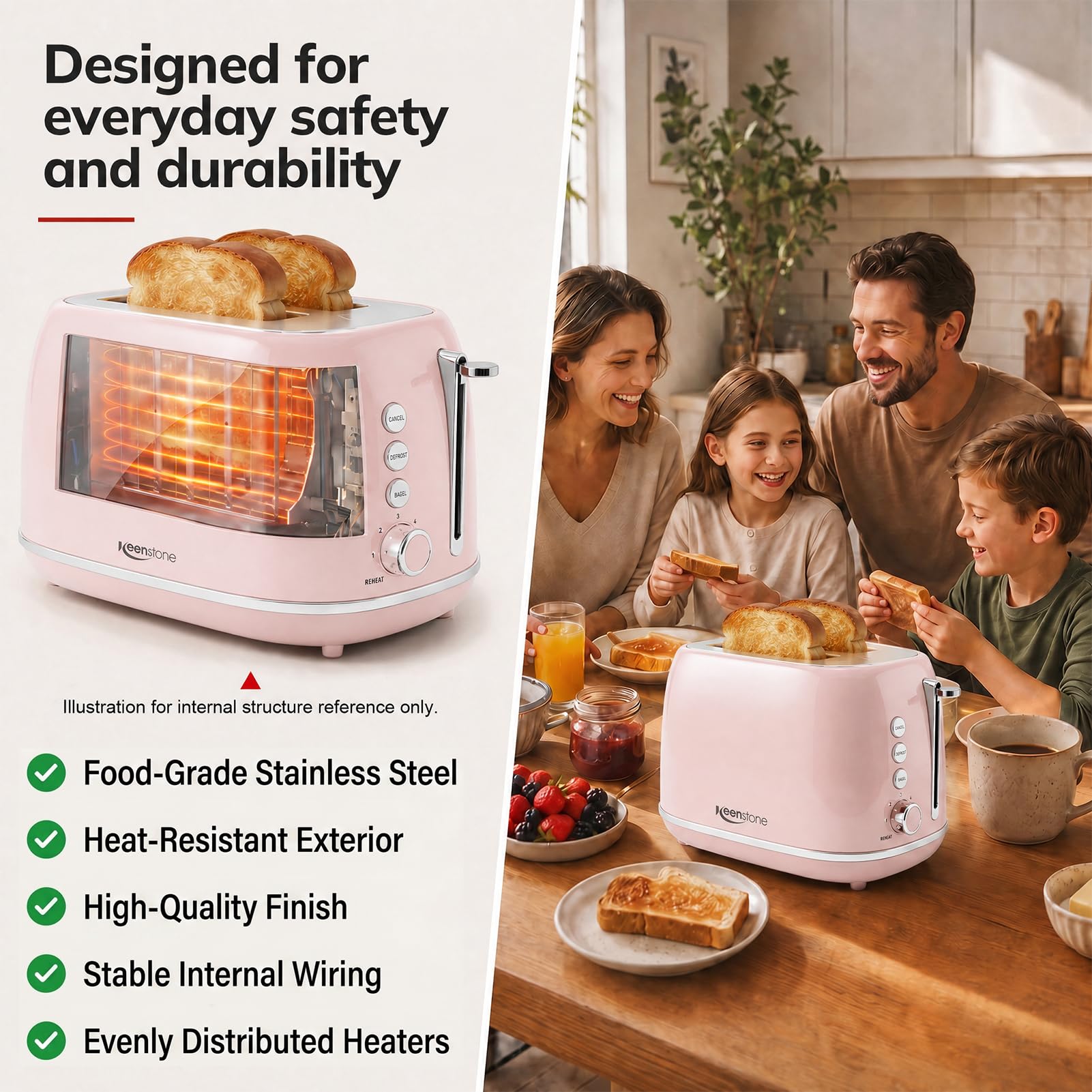 Keenstone 2-Slice Retro Toaster - Stainless Steel -3