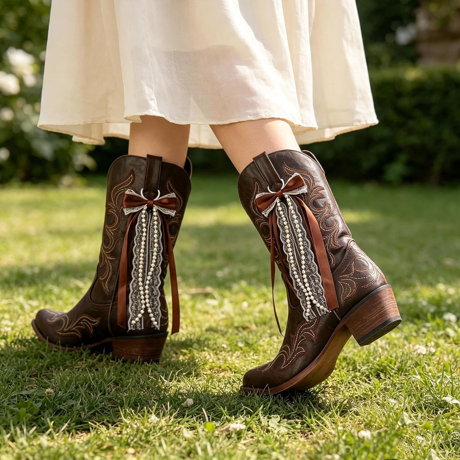 Brown Bow Boot Charms 2Pcs Pearl Lace Ribbon for Cowboy Boots image 5