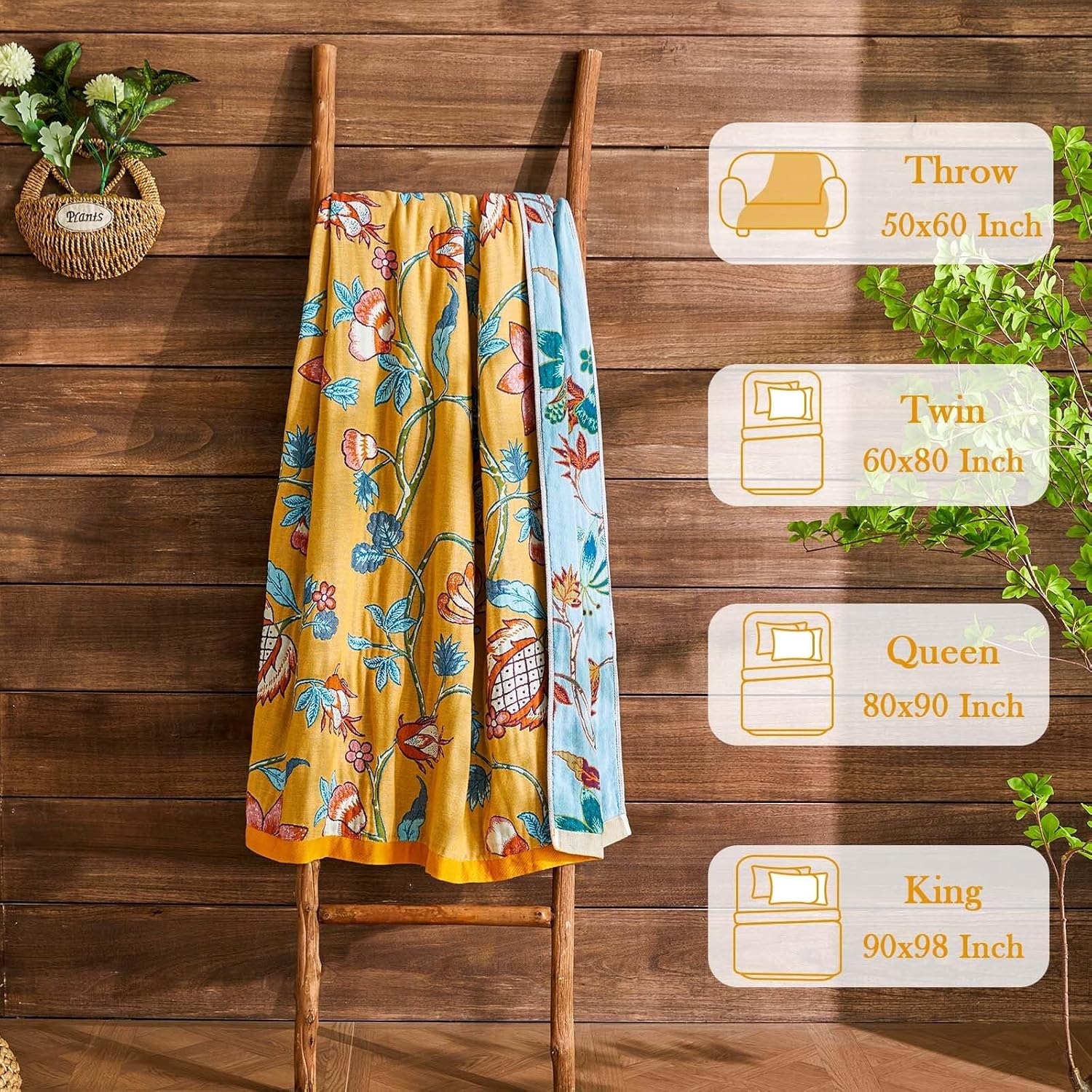 Boho Blanket Soft Muslin Boho Throw Blanket 100% Cotton Blanket All Seasons Reversible Rustic Floral Printed Vintage Rustic Farmhouse Decor Throw for Sofa Couch Chair (Yellow, 90"x98")