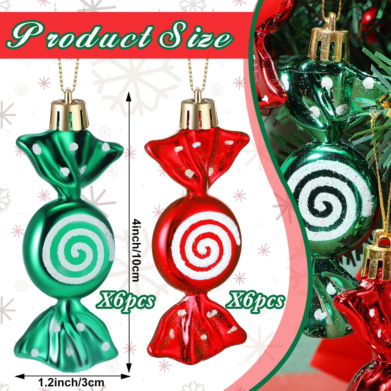 Threan 12 Pcs Christmas Candy Ornaments for Tree Decoration Hanging Glitter Candy Cane Christmas Peppermint Ornament with Golden Rope for Xmas Holiday Decoration(Red - Image 3
