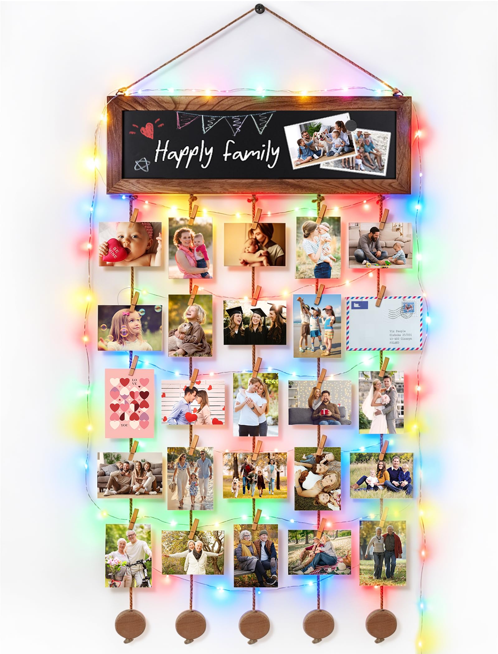 Bikoney Hanging Photo Display with String Lights, Clips &amp; Chalkboard
