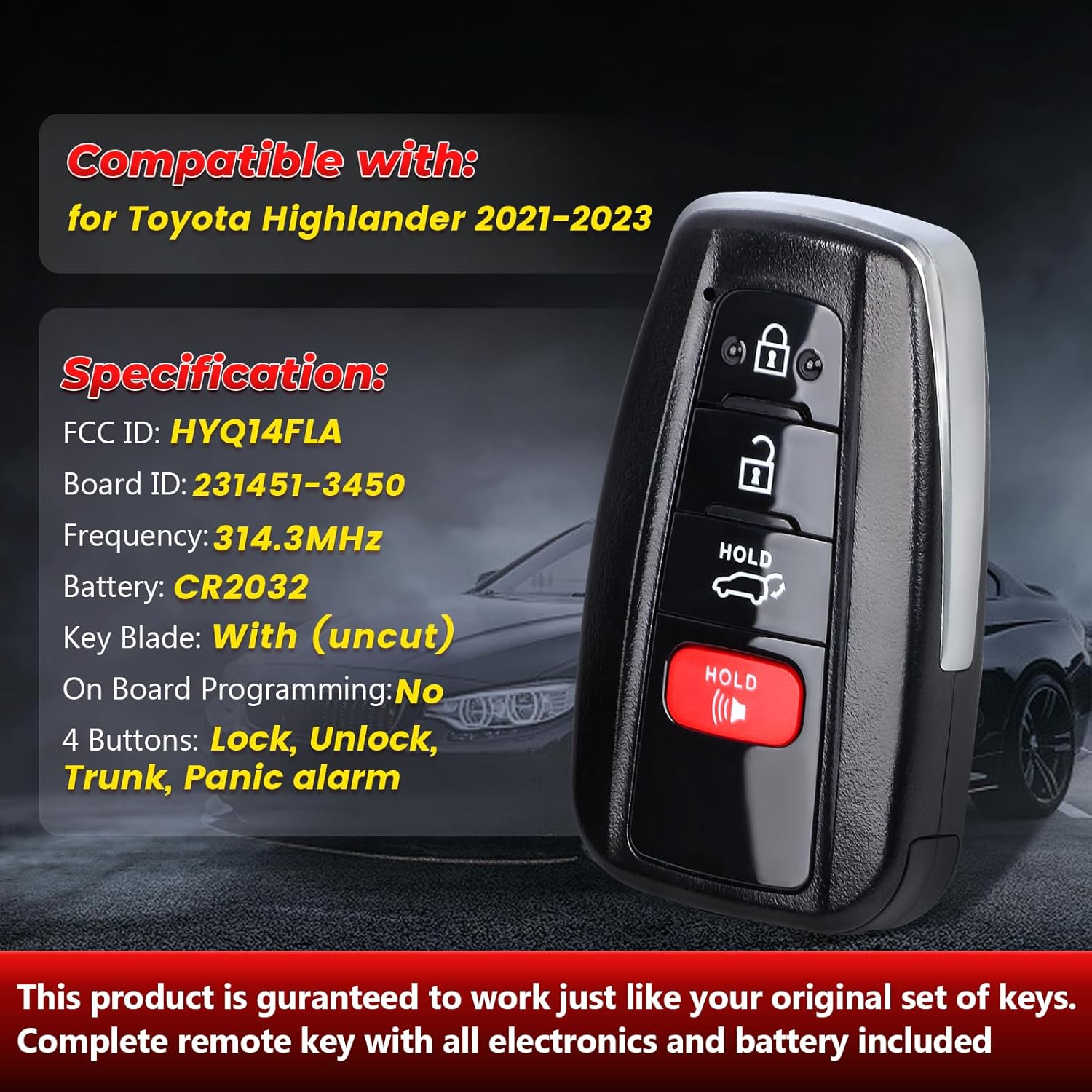 Board ID: 231451-3450, FCC ID: HYQ14FLA Smart Remote Key Fob Replacement for Toyota Highlander 2021 2022 2023 Keyless Entry Remote Control Car Key 314.3MHz