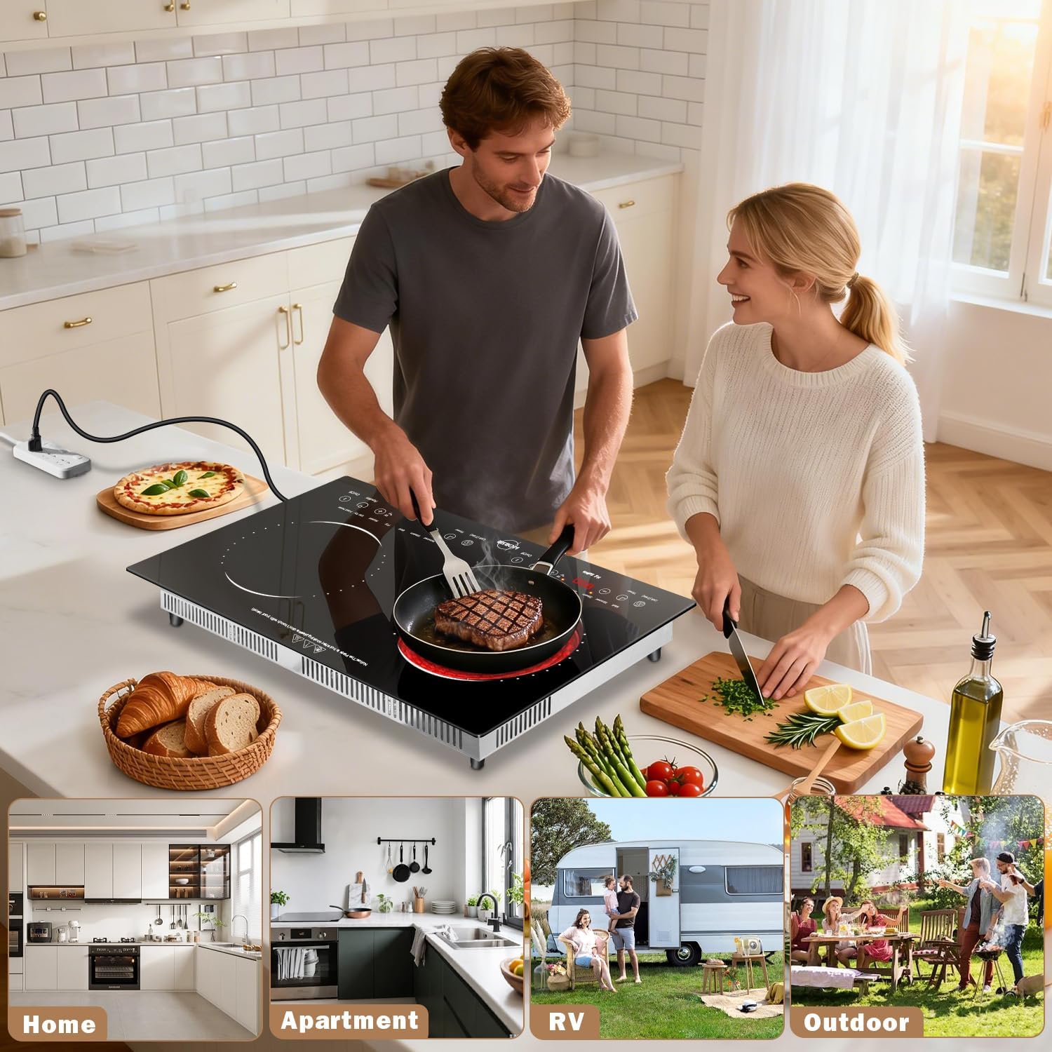 Hobsir 2 Burner Electric Cooktop 110V with Plug, Total 2000W Shared Power, Electric Stove Top with 8 Function & 8 Power, Two Burner Kitchen Cooktop with Timer & Child Safety Lock, for RV Camping