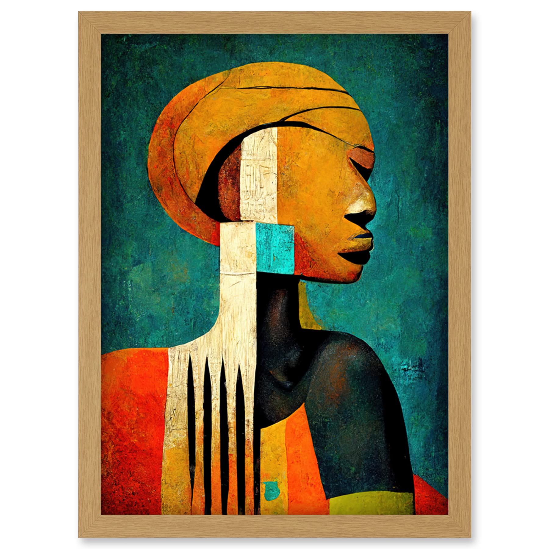 Artery8 Framed Wall Art Print - A4 - Modern African Abstract Gold & Bold Artwork - Light Oak Frame