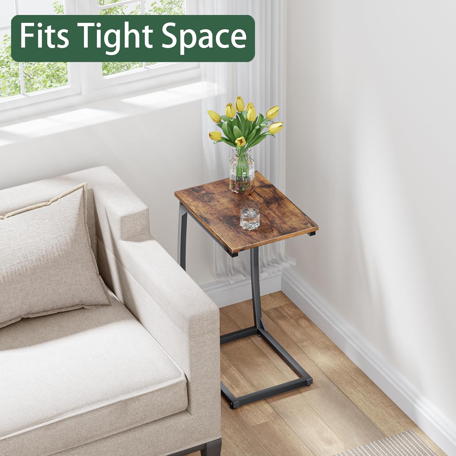 LAKEMID C-Shaped End-Table Set of 2 - Side Table for Couch,Curved Support Legs, Slide Under Couch Table for Sofa, TV Tray Table for Living Room Bedroom (Rustic Brown)