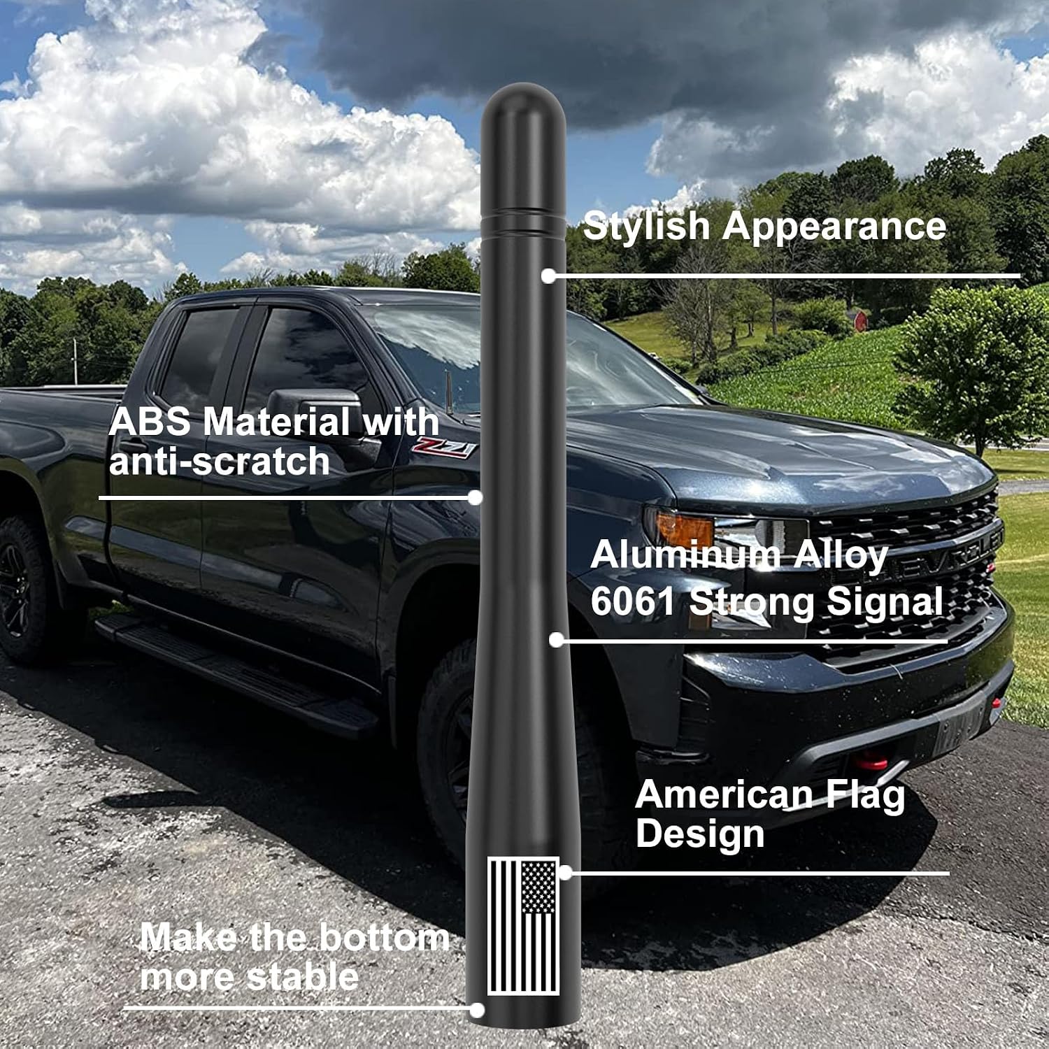 Car Truck Short Antenna 4" with Tire Valve Caps American Flag Universal Replacement for GMC Sierra Chevy Silverado Dodge Ram 1500 2500 3500 Ford F150 F250 F350 Super Duty Bronco Raptor, Black image 2