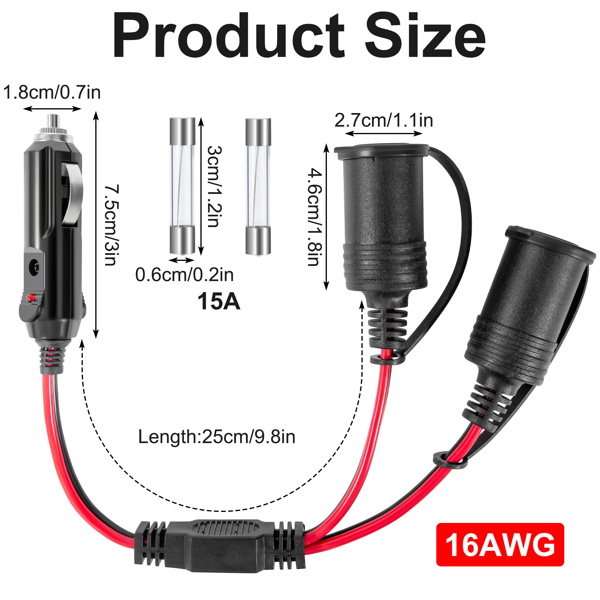 Rozdzielacz do zapalniczki samochodowej 12 V/24 V, adapter do gniazda zapalniczki samochodowej, wtyczka przedłużająca 25 cm, 16 AWG, 1 do 2 rozdzielaczy, gniazdo wtykowe z bezpiecznikiem 15 A