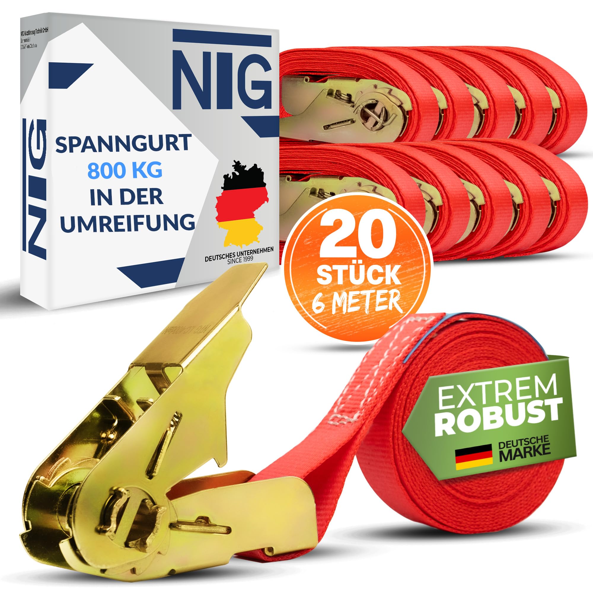 NTG 4 – 20 unidades, 800 kg, 4 m y 6 m, correas tensoras con carraca, 1 pieza, correas de trinquete, certificado TÜV/GS, 25 mm, 800 daN, 0,8t (20 unidades de 6 metros)