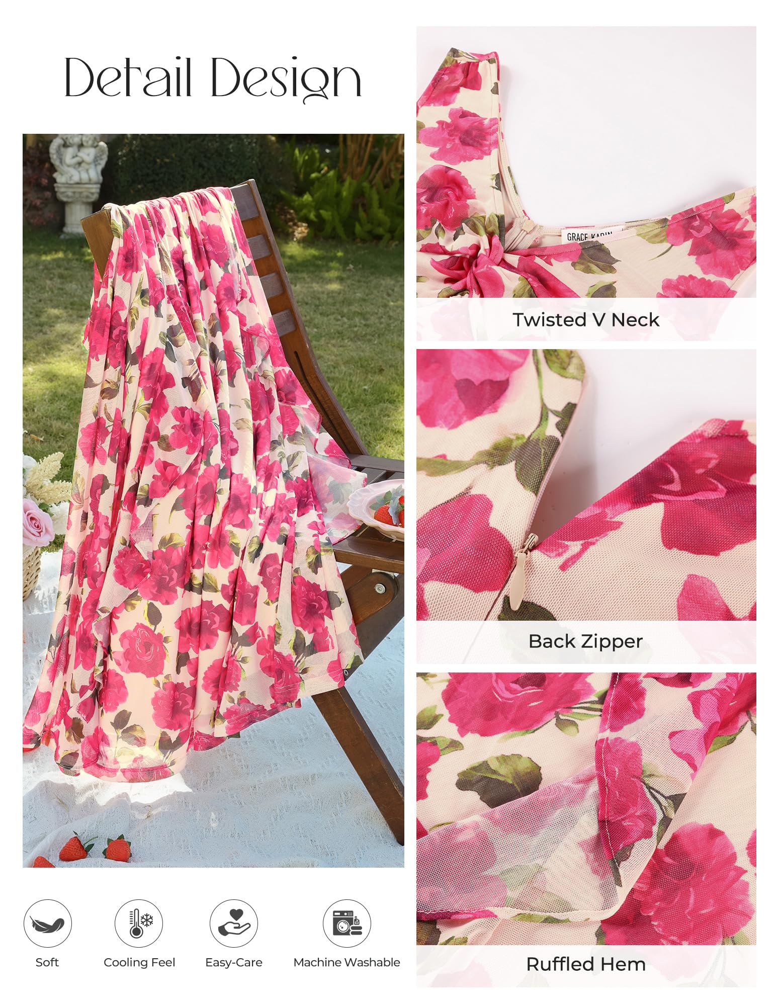 GRACE KARIN Robe d'été décontractée pour femme - Col en V - Sans manches - Fleurs avec volants - Pour invités de mariage - Ligne A