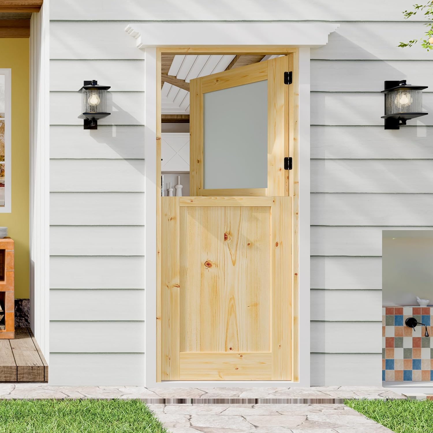 Exterior Prehung Dutch Door, 36" x 80" Left-Handed Front Door, 1 Lite Tempered Clear Glass Split Single Doors, Solid Core Home Door, Natural Pine Wood - with 4 Black Hinges with Jamb