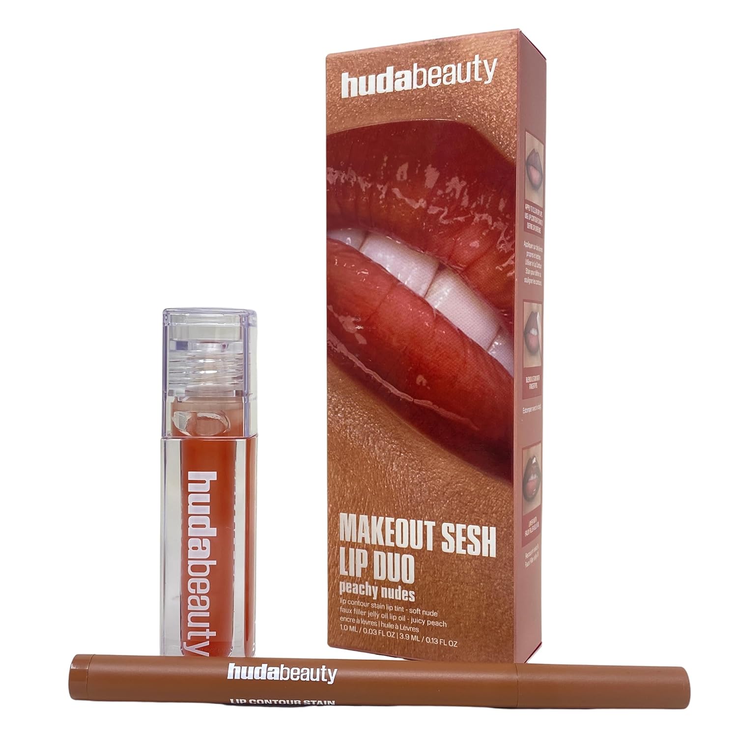 Huda BEAUTY Make Out Sesh Lip Duo - Lip Contour Stain and Faux Filler Lip Gloss - Peachy Nudes - Limited Edition.