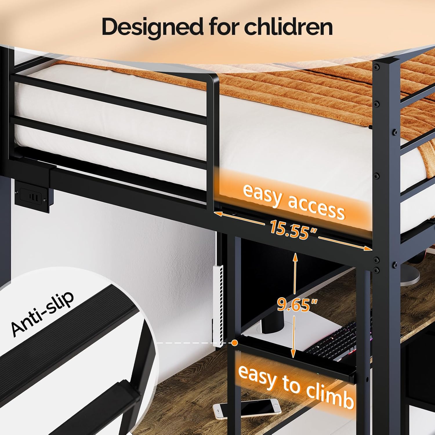 VINGLI Twin Metal Loft Bed Frame with 15 Inches Safety Guardrail, Non-Slip Ladder, 2 Charging Stations, L-Shaped Desk, Storage Shelve, 4 Drawers, LED Lights, for Kids, No Box Spring Needed, Black
