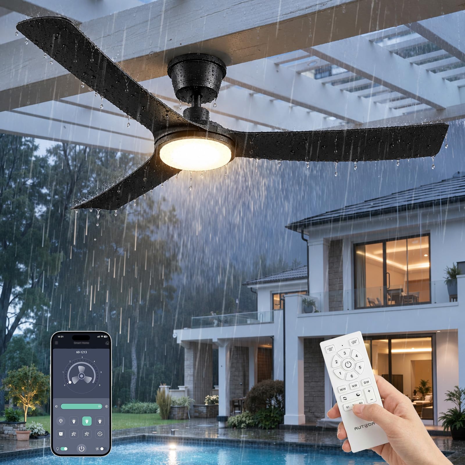 Autoday 56 inch Outdoor Ceiling Fan with Light IP66 Waterproof