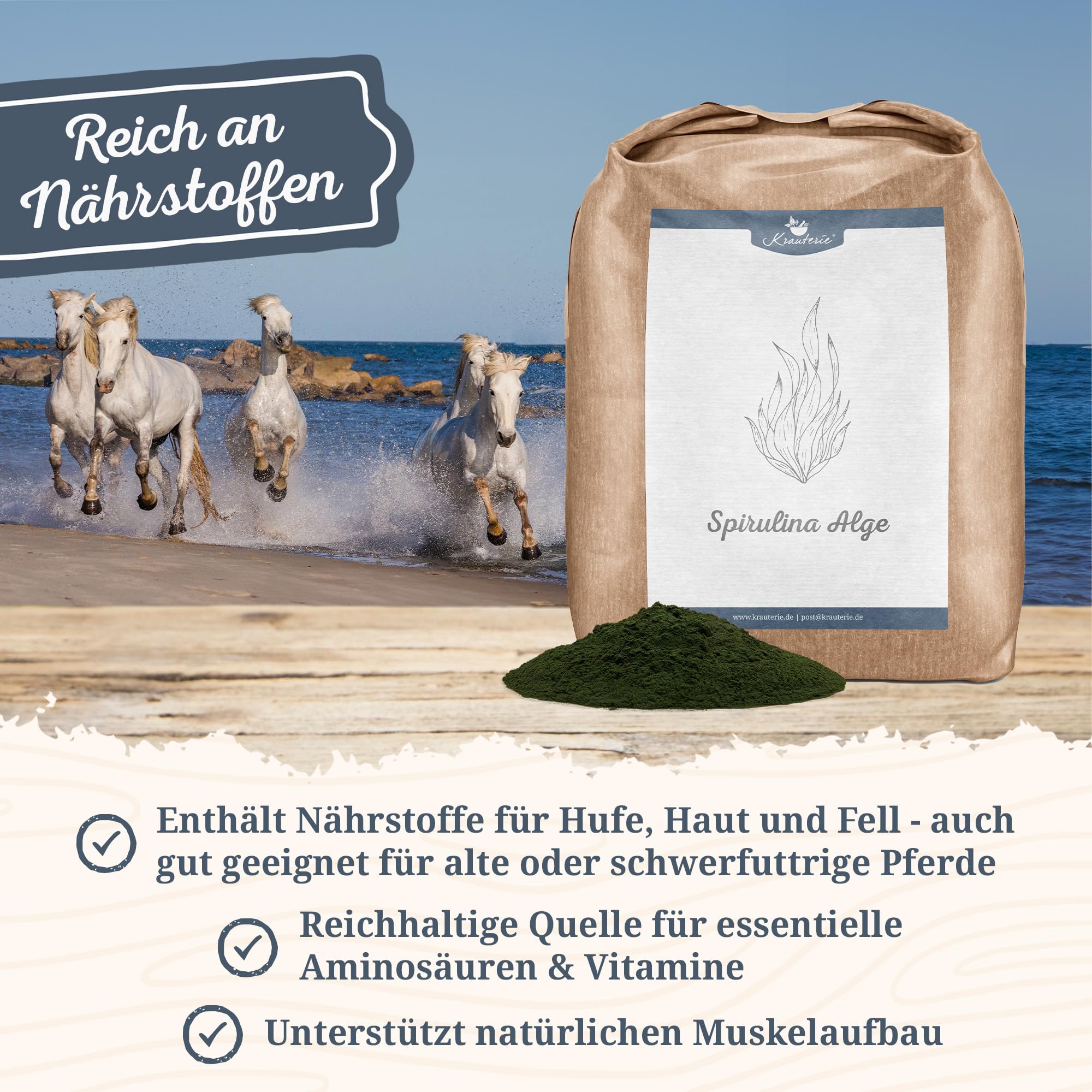 Krauterie Spirulina Alge für Pferde in Spitzenqualität (500 g) - Artgerechtes Einzelfuttermittel mit wertvollen Aminosäuren für Pferde, frei von Zusatzstoffen, Pulver