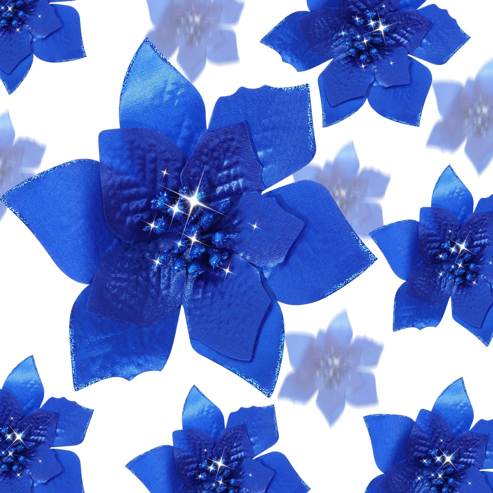 WILLBOND 24 Pieces 3 Size Christmas Glitter Poinsettia Flowers Wedding Faux Flowers Christmas Decoration Ornaments For Christmas tree New Year Home Outdoor Decoration (Royal Blue,3.2/4/6 Inches)