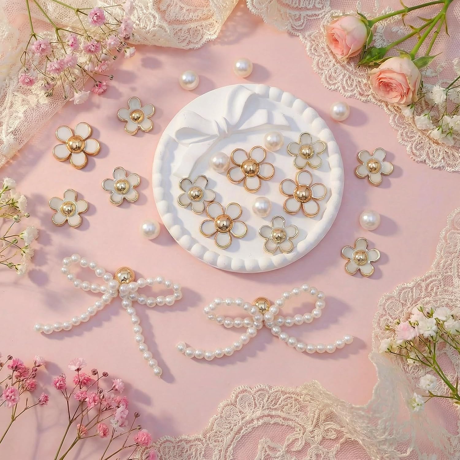 22Pcs Bling Pearl Bow Shoe Charms for Sandals Women, Acrylic Flowers, Pearl Accessories, DIY Shoe Decoration Charms for Girls
