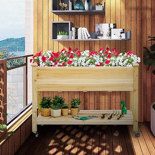 Miniatura 3 de COSTWAY Cama de jardín elevada con ruedas, maceta de madera con estante de almacenamiento para verduras, flores y hierbas, maceta elevada para patio