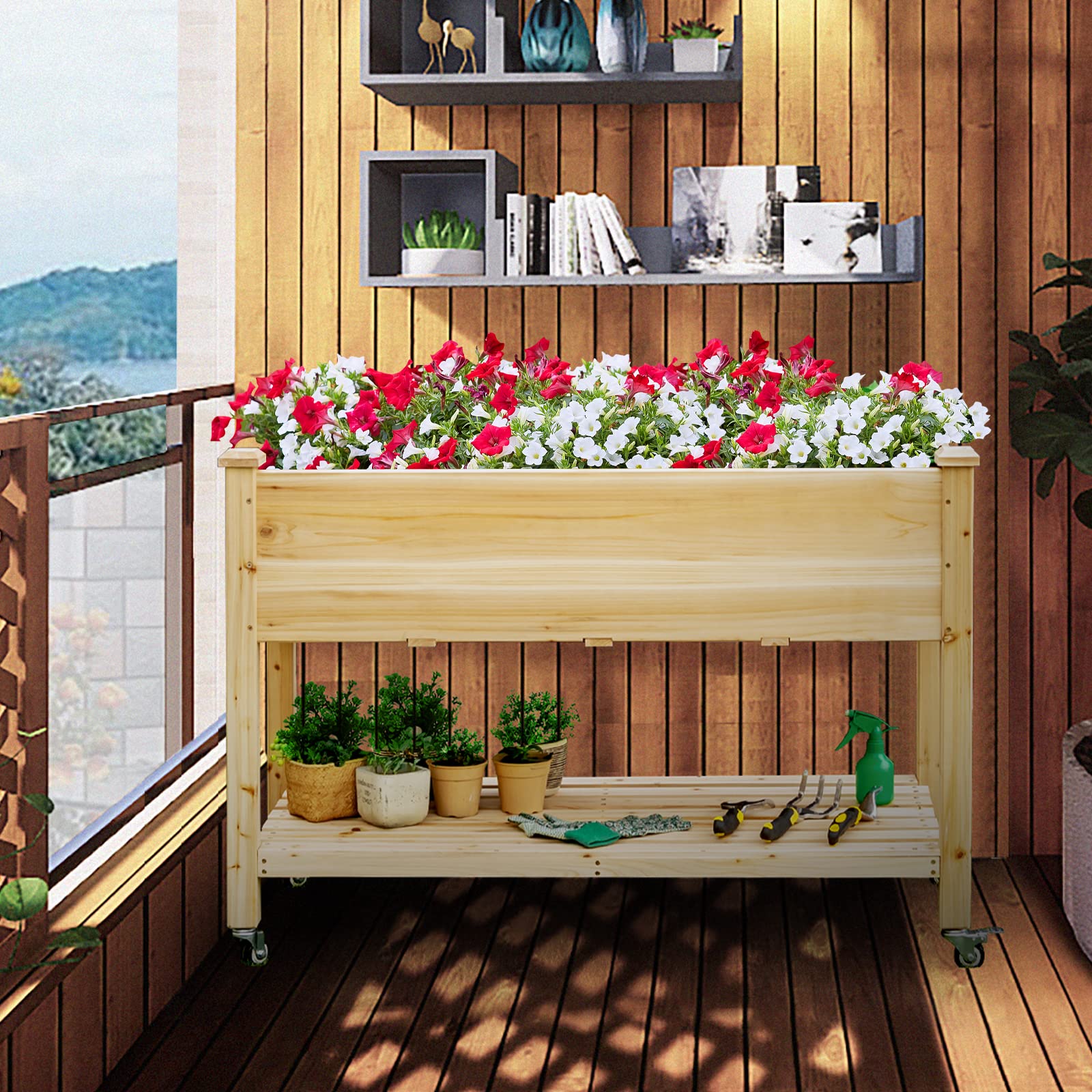 HOMASIS Jardinera de madera con ruedas y estante, jardinera para jardín, balcón, terraza, jardinera con agujeros de drenaje y forro polar, 120 x 59 x 84 cm
