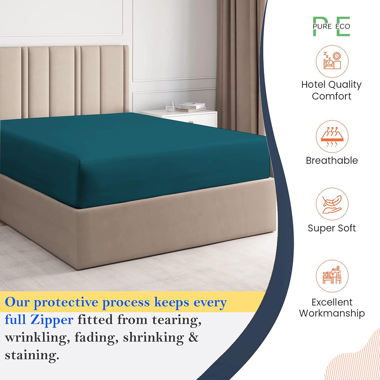 Fitted Sheet Zipper Twin Size 39" X 75" Inches Fit 10" Deep Pocket Teal, 600 TC 100% Egyptian Cotton Nova Star Zipper Mattress Cover Twin Size Zipper Bed Sheet Twin Size
