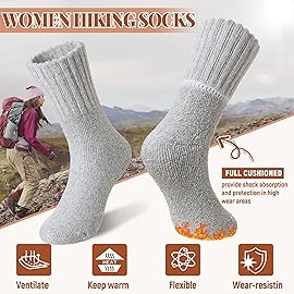 Velice Women Wool Socks Thick Thermal Hiking Warm Winter Crew Cushion Cozy Work Boot Socks 5 Pairs(3 Pairs Dark Grey/Khaki/Light Grey)