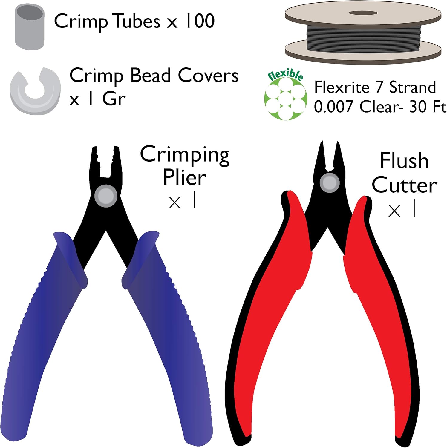 The Beadsmith Crimper Mega Kit, Includes Crimp Forming Pliers, Cutter, 2x2mm Crimp Tubes, 3mm Crimp Bead Covers & 7-Strand FlexRite Wire, Create Rounded Crimps Every Time, No Sharp Edges