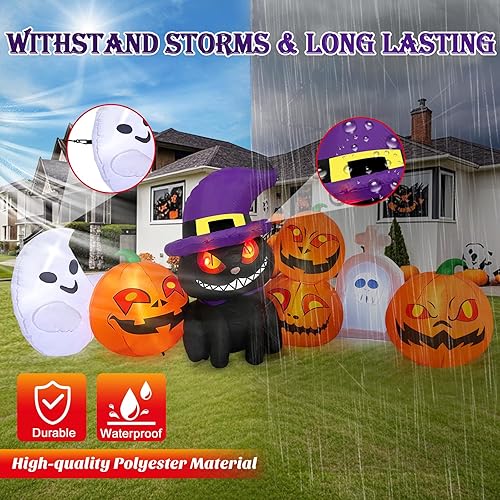 Miniatura 6 de MICOCAH Inflables de Halloween para decoración al aire libre de 8 pies de largo, divertidos faroles inflables de calabaza con gato negro, luces LED