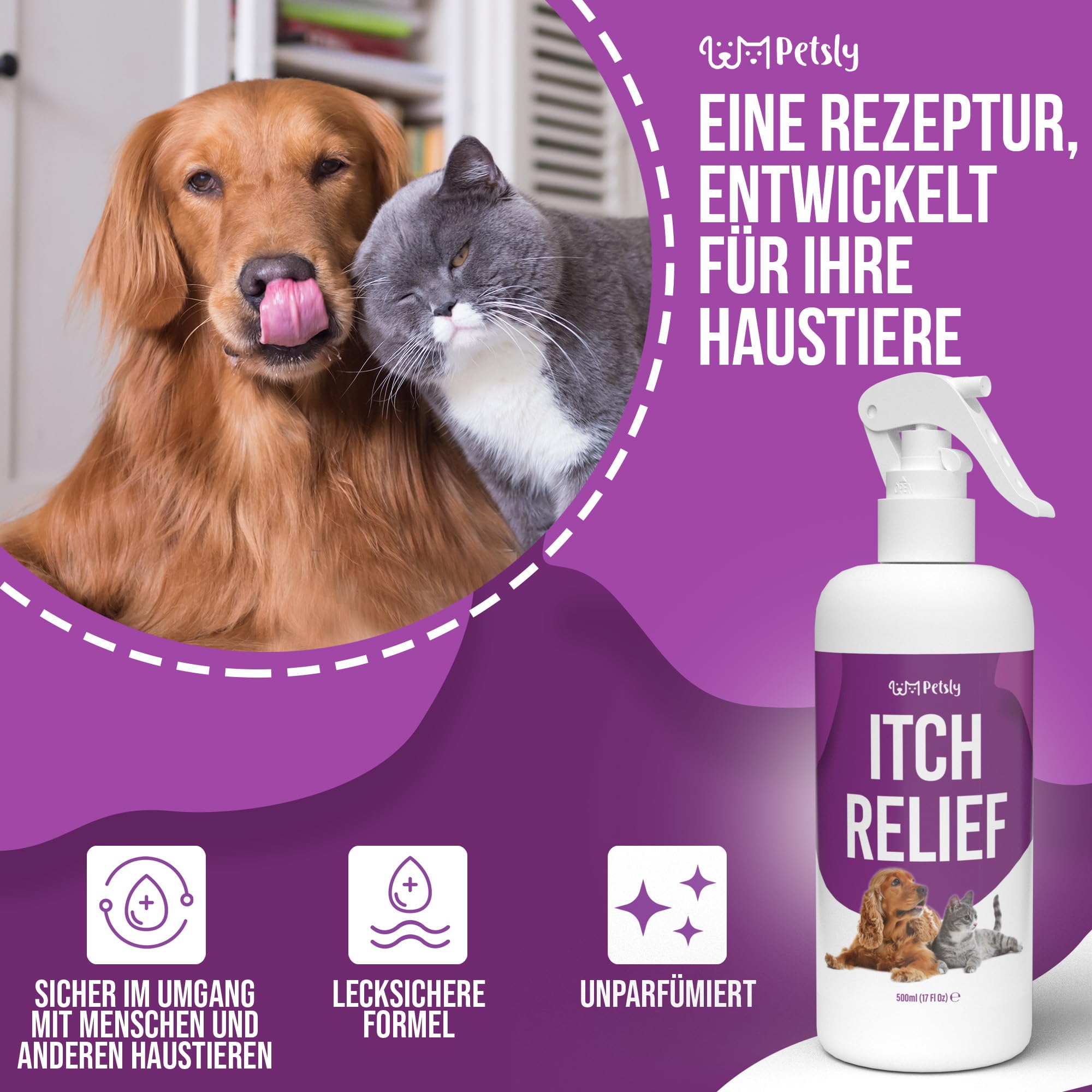 Petsly Anti Juckreiz Spray für Hunde & Katzen 500ml - Sofortige Linderung bei juckender Haut, Grasmilben & Hautreizungen - Mit beruhigender Aloe Vera für empfindliche Tierhaut