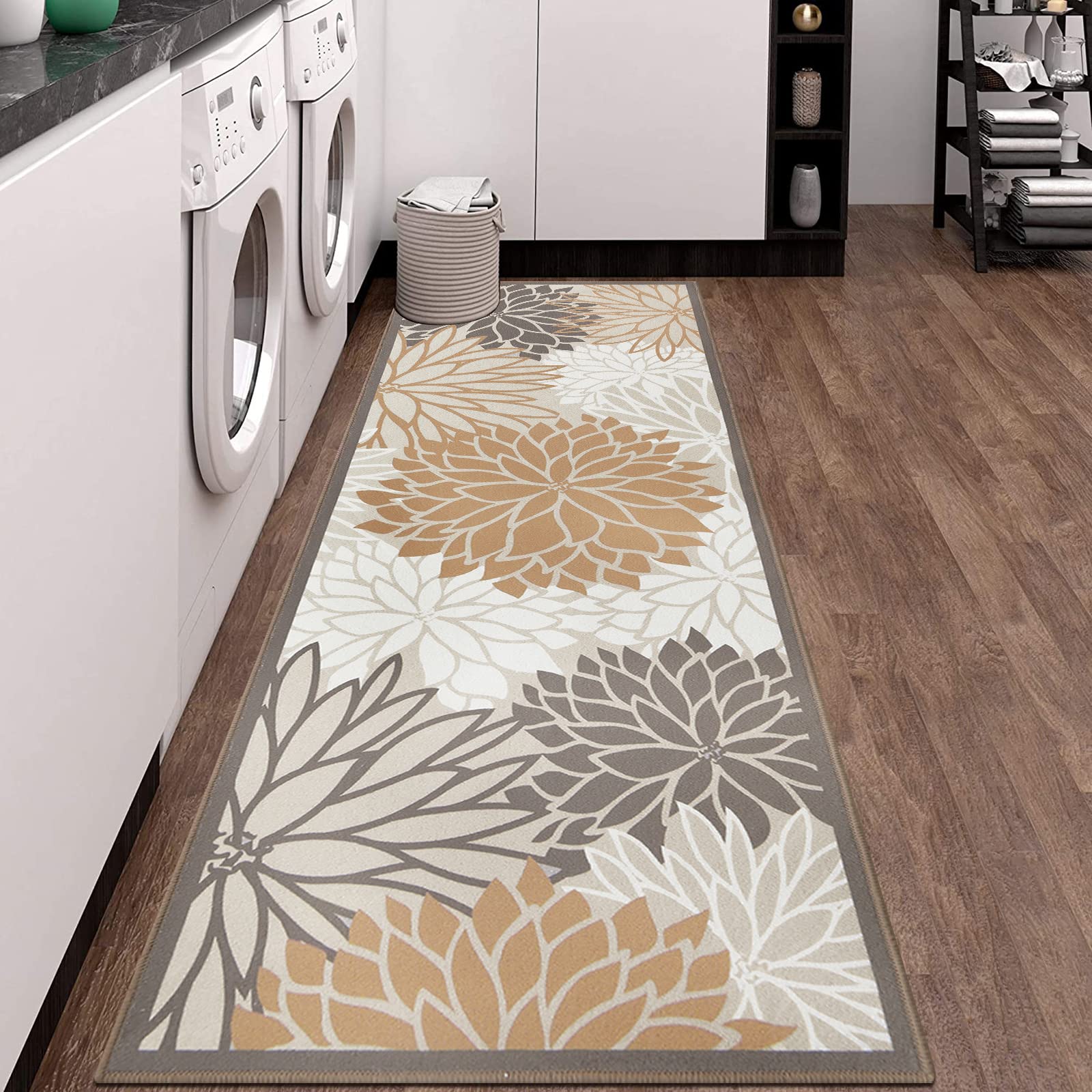 HEBE Floral Medallion Runner Rug 2'x6' Non Slip Washable Rug Runner for Laundry Kitchen Floor Hallways Bathroom Accent Distressed Floor Carpet Throw Rugs Laundry Room Rugs and Mats