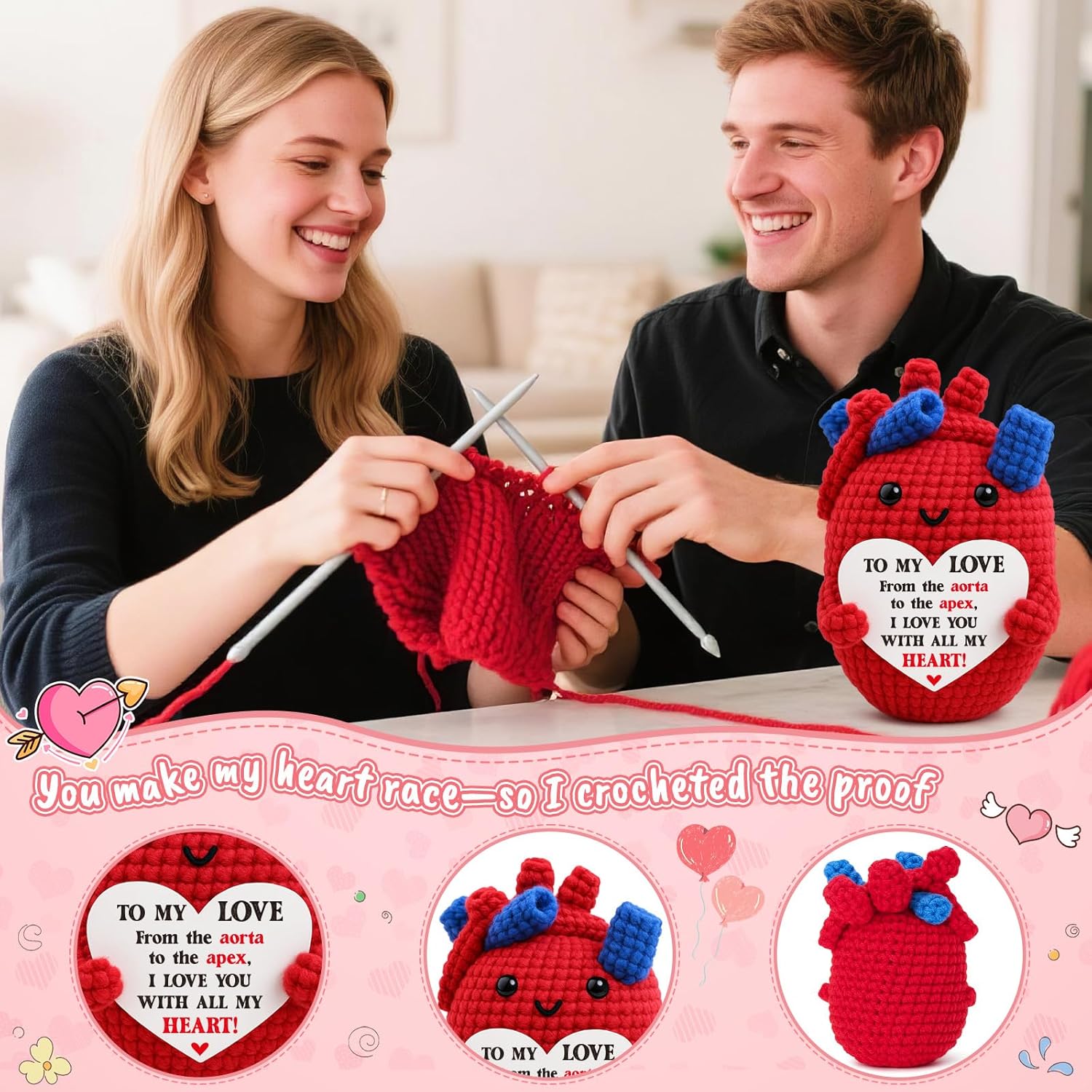 Mini Valentines Day Gifts for Him Her Couple Valentine’s Day To My Love Handmade Crochet Anatomical Heart Love Gift for Women Men Boyfriend Girlfriend Husband Wife Anniversary Valentines Birthday - Image 2