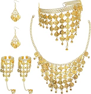8 Pcs Belly Dancing Jewelry,Belly Dancer Outfit Set Including 2 Coin Bracelets 1 Coin Veil Necklace 1 Pair of Gold Boho Earrings and 1 Gold Sequins Head Accessory for Women